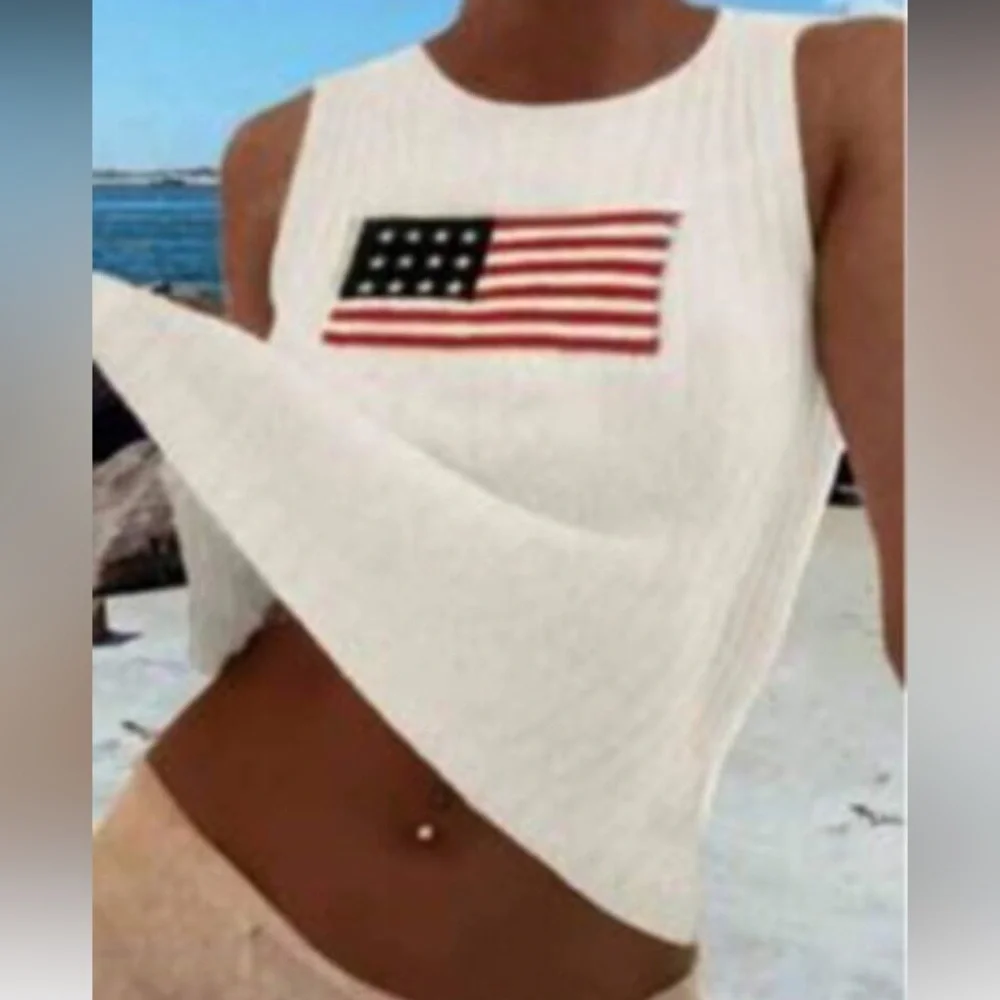 Cream Ribbed Knit Tank with Flag Patch - Picture 3 of 8